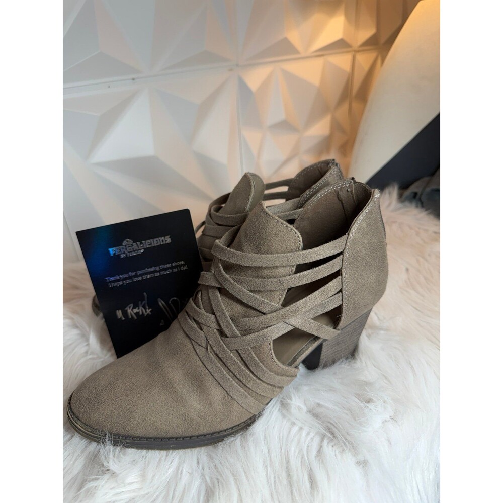 Fergalicious Women's Beige Strappy Heeled Booties